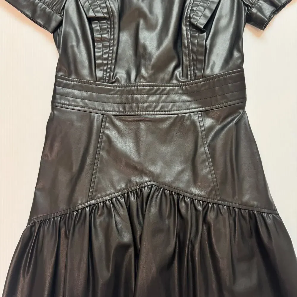 Zara Faux Leather Mini Dress Black Women's XS Ruffle Puff Flounce Hem Coquette - Picture 13 of 16